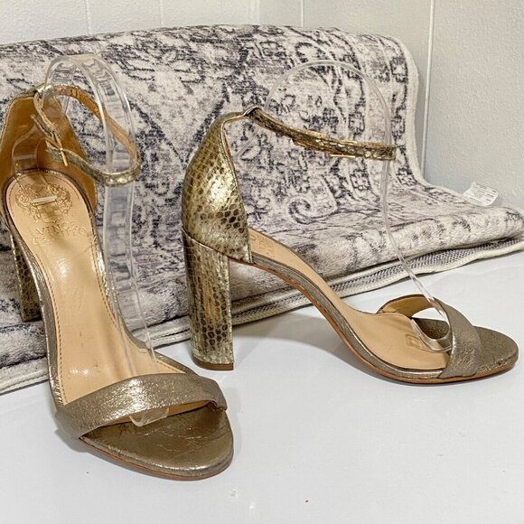 Vince Camuto MAIRANA Snakeskin Ankle Strap Heels in Metallic Gold Size 7 1/2 - Picture 4 of 8